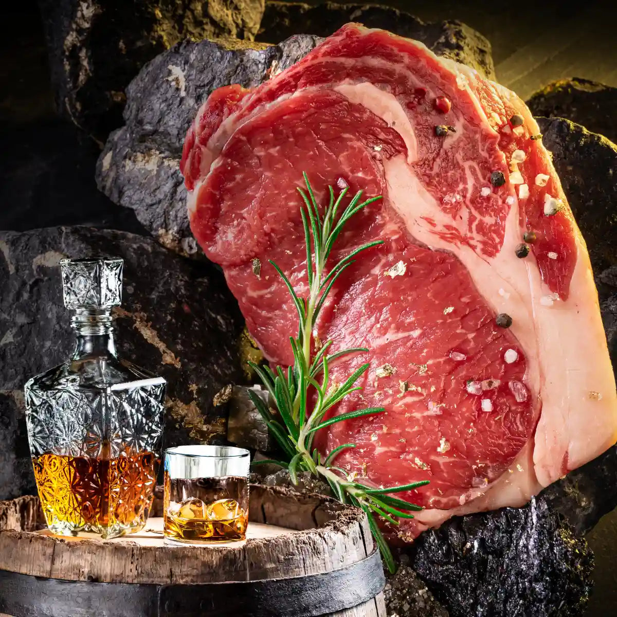 Im Vordergrund stehen auf einem Holzfass eine Karafffe und ein Glas mit Whisky. Im Hintergrund liegt auf einem Stein ein rohes Stück Entrecôte.