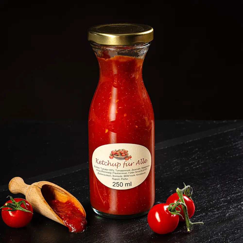 Rotes Ketchup für Alle in kleiner Glasflasche neben Tomaten und kleinem Holzlöffel vor dunklem Hintergrund.