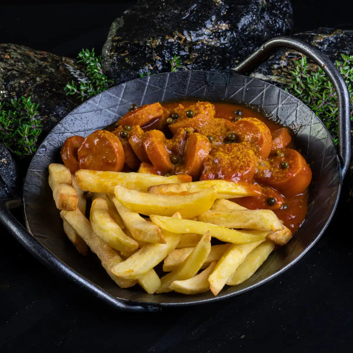 Eine gußeiserne Pfanne in der Pommes Frites und Currywurst mit gestreutem Curry und grünem Pfeffer angerichtet sind vor dunklem Hintergrund