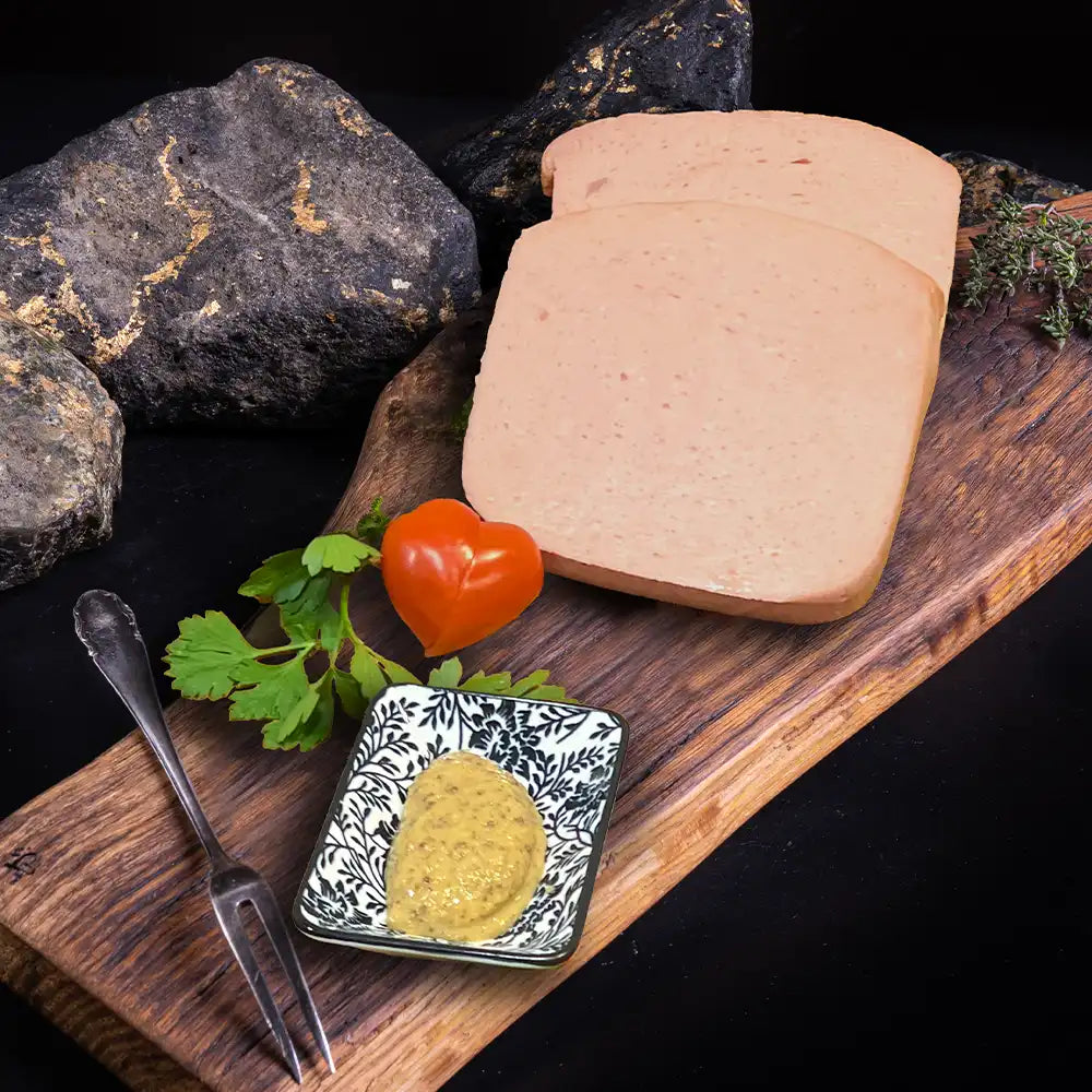 Zwei Fleischkäsescheiben neben Schälchen mit Senf auf Holzbrett vor dunklem Hintergrund.