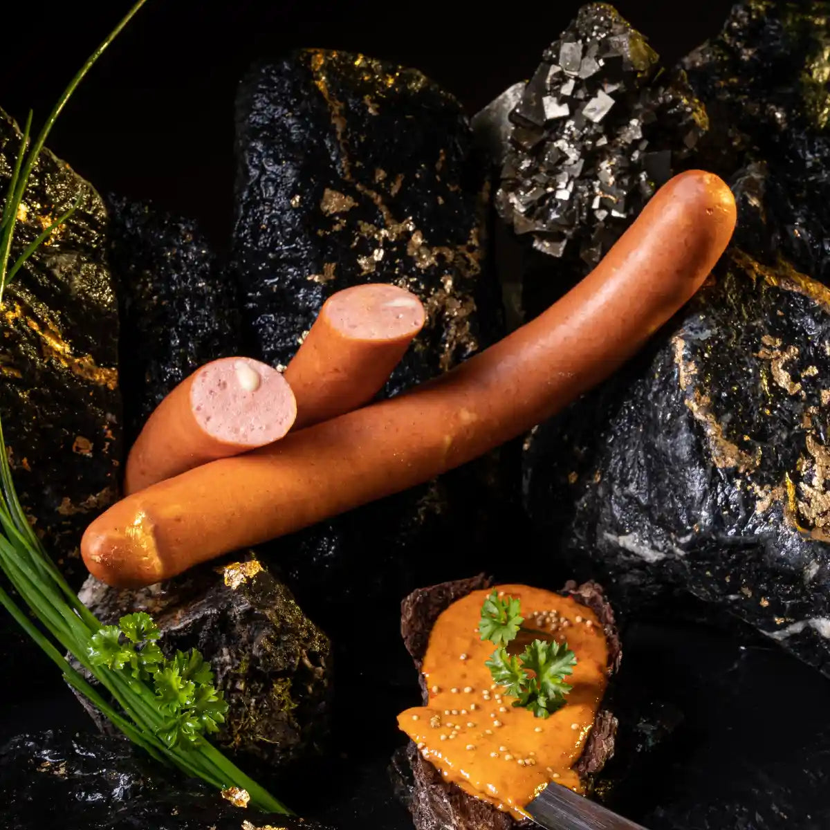 Eine ganze große Wiener und zwei angeschnittene Stücke in denen man den Käse sehen kann