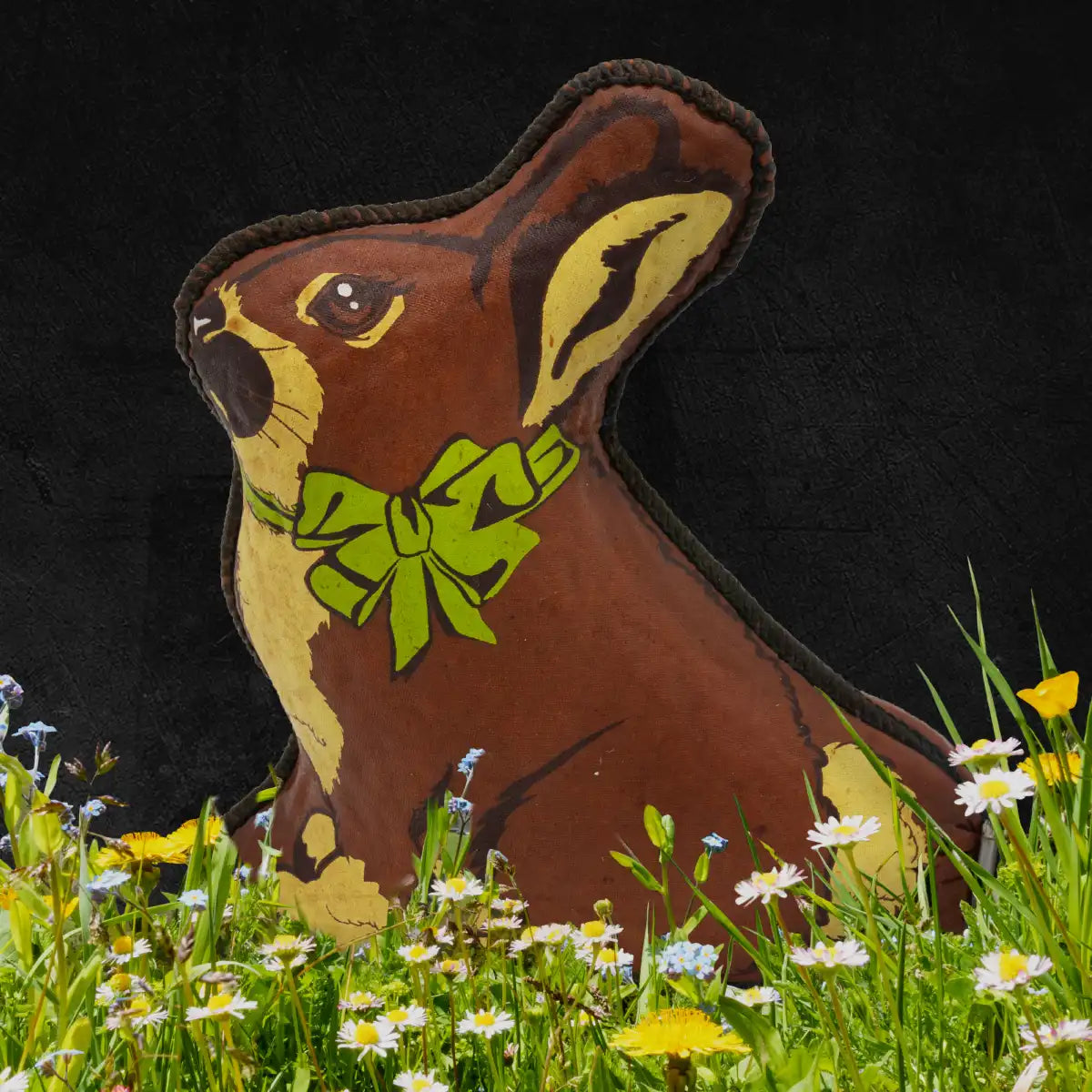 Salami in einem Leinendarm der wie ein Hase aussieht. Im Vordergrund eine Wiese