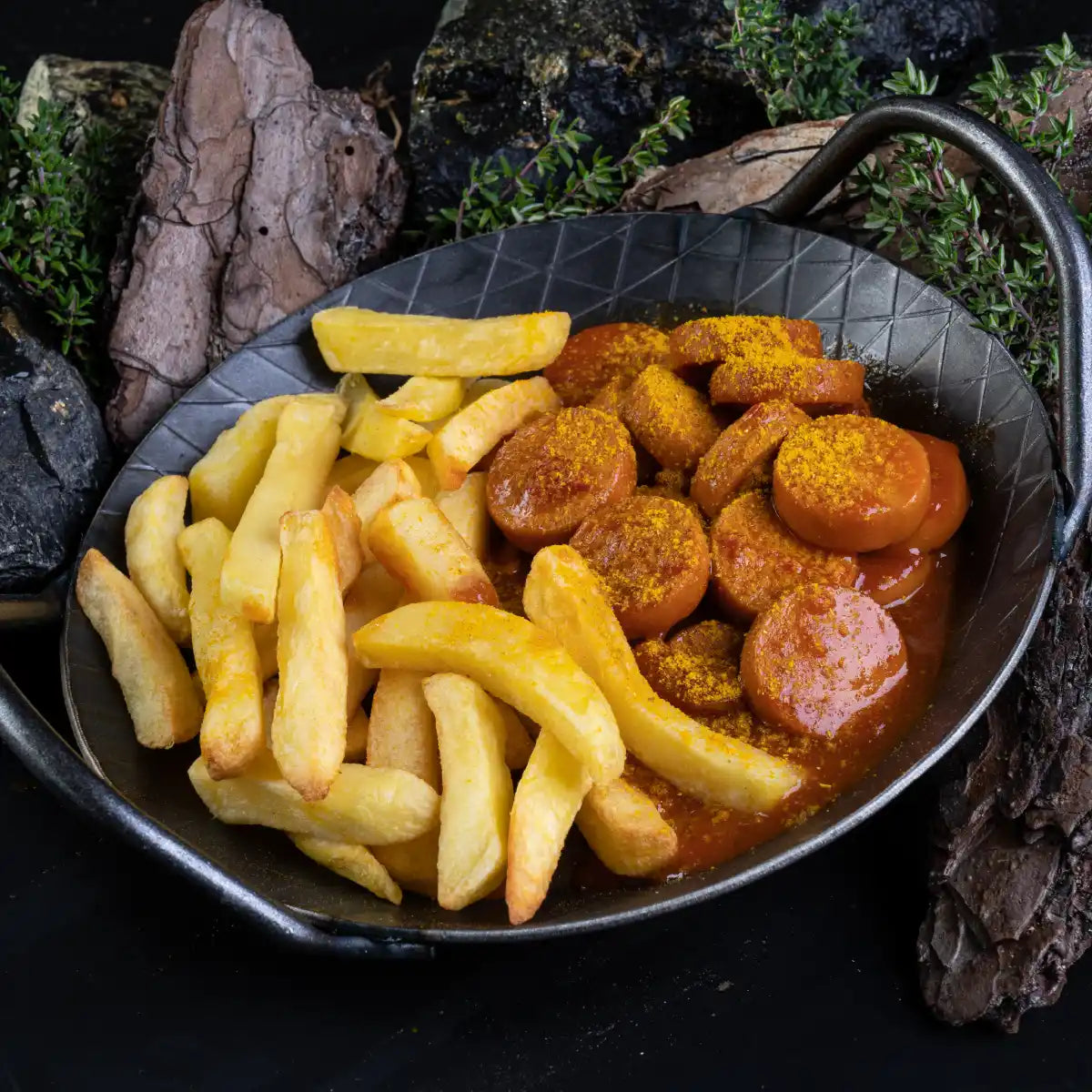 Eine gußeiserne Pfanne in der Pommes Frites und Currywurst mit roter BBQ-Sosse angerichtet sind vor dunklem Hintergrund
