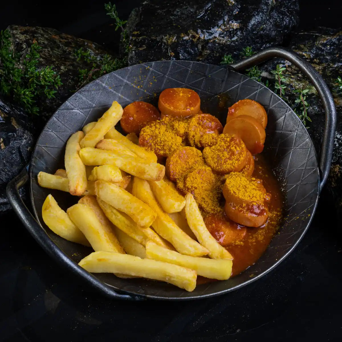 Eine gußeiserne Pfanne in der Pommes Frites und Currywurst mit gestreutem Curry angerichtet sind auf dunklem HIntergrund