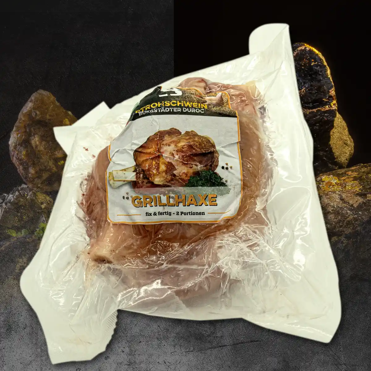 Grillhaxe vom Duroc Strohschwein in weißer Verpackung