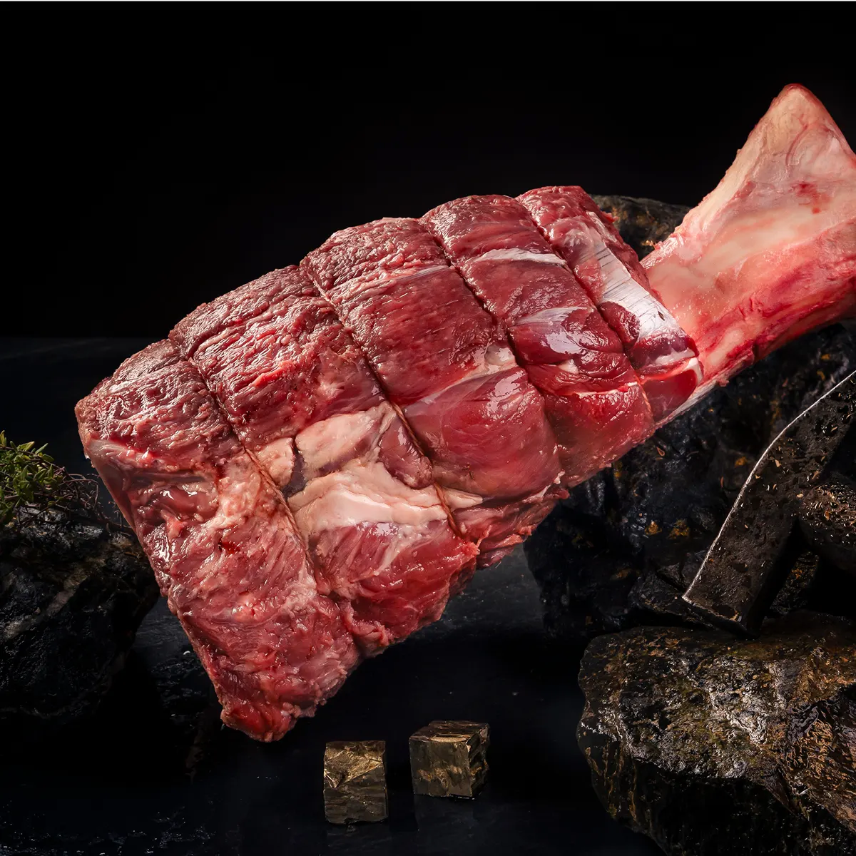 Rinderfleisch am Knochen vor dunklem Hintergrund